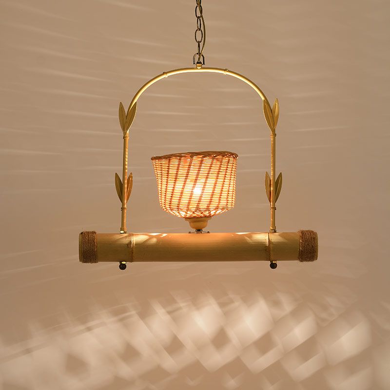 Rattan Basket Shade Chandelier Light Country Style 1/2-Light Beige Ceiling Lamp with Bird Cage Design