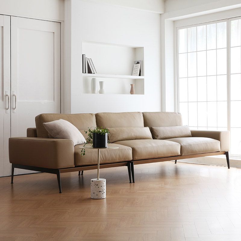 32" High Genuine Leather Square Arm Modern Sofa with Bolster Pillows, Brown