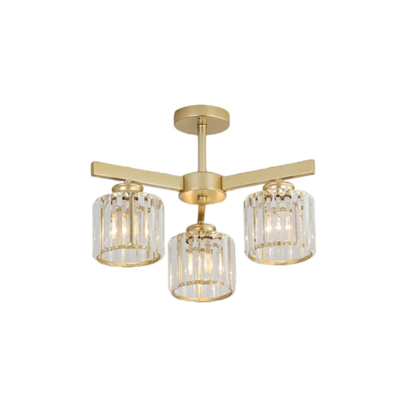 Crystal Cylinder Ceiling Mounted Light Minimalistic Golden Semi Flush Mount Fixture for Bedroom