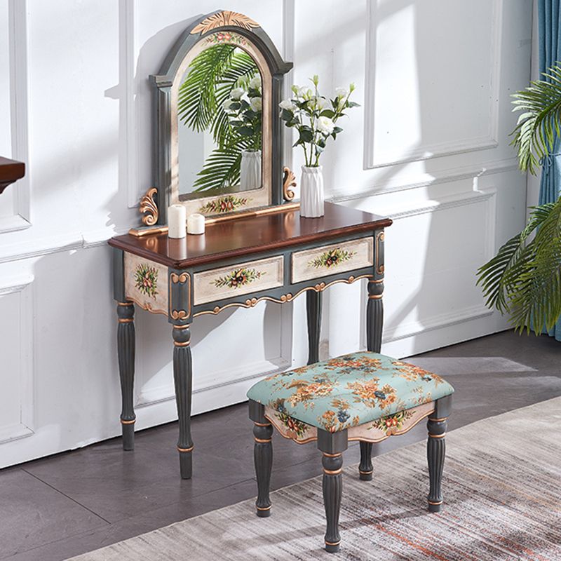 Victorian Wood Vanity Set with Stool and Mirror in Antique Oak Vanity