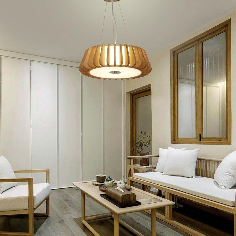 Japanese Bamboo Pendant Light Fixture 1-Light Drum Beige Hanging Ceiling Light
