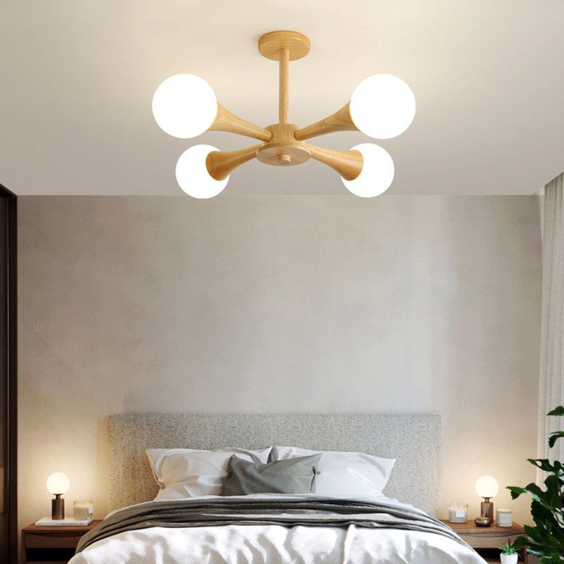 Modern Ceiling Lamp Simplicity Wooden Bedroom Chandelier with White Glass Shade