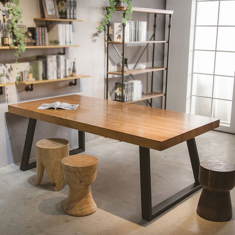 Solid Wood Industrial Dining Table Brown Rectangle Table with Sled Base for Home Use