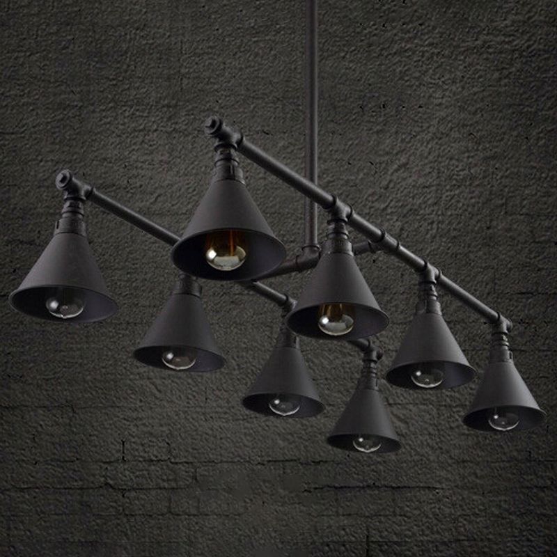 8 Bulbs Island Pendant Light Industrial Conical Iron Suspension Lighting in Black/Rust for Wine Bar