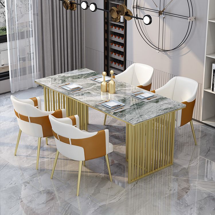 Luxury Rectangle Dining Table Sintered Stone Top Gold Metal Base Table