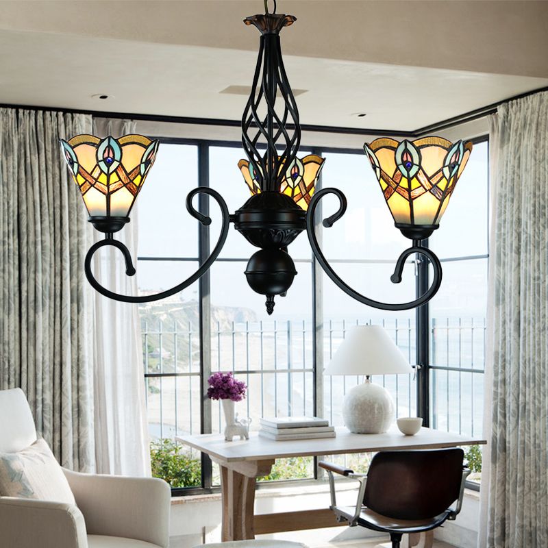 Lustre paon finition noire, vitrail, 3 lumières, lampe à suspension rustique pour Table à manger