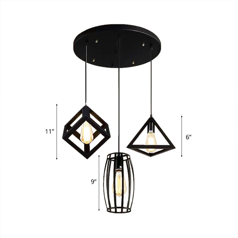 3 cabezas de iluminación colgante con diferentes tono de jaula metal retro lámpara colgante de cocina en negro, redondo/lineal