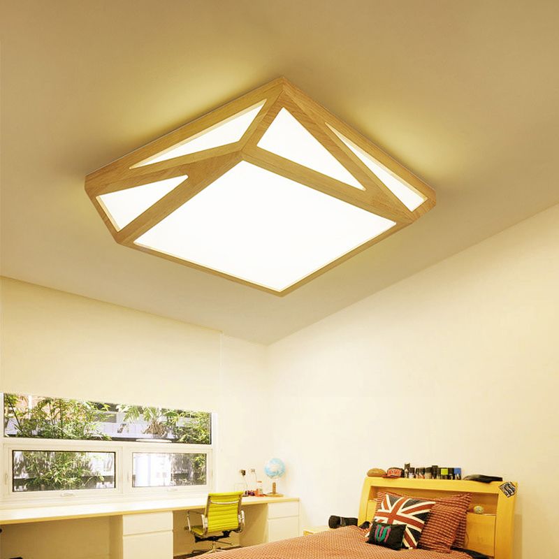 Square/Rectangle Box Ceiling Fixture Modernism Wood Living Room LED Flush Mount Lamp in Warm/White Light, 16"/19"/38" W