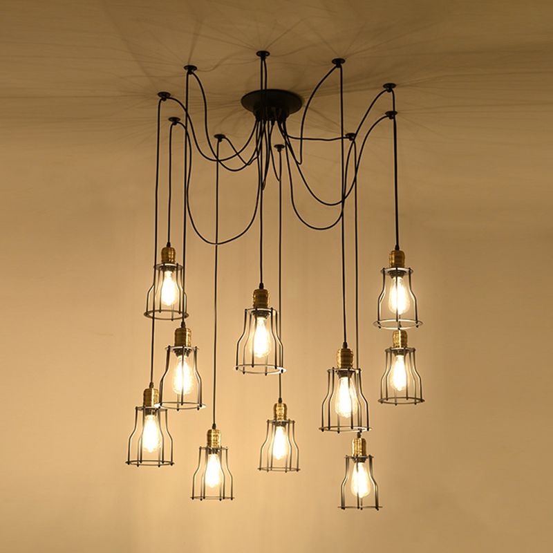 Caged Iron Ceiling Pendant Industrial 10 Bulbs Restaurant Multi Light Chandelier in Black