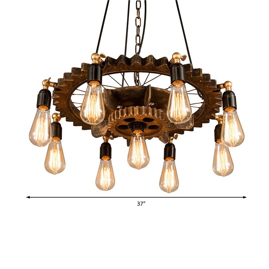 2 Tiers Gear Restaurant Chandelier Light Antique Metallic 9-Bulb Rust Suspended Lighting Fixture