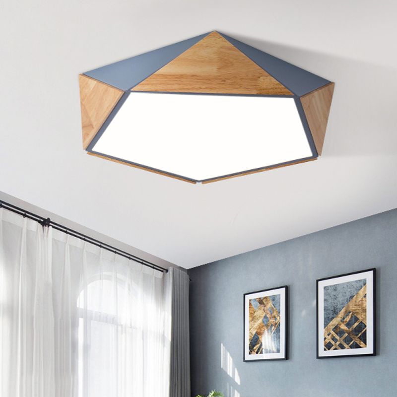 Flat Pentagon Ceiling Mount Light Macaron Stylish Wood LED Flush Light for Kids Bedroom