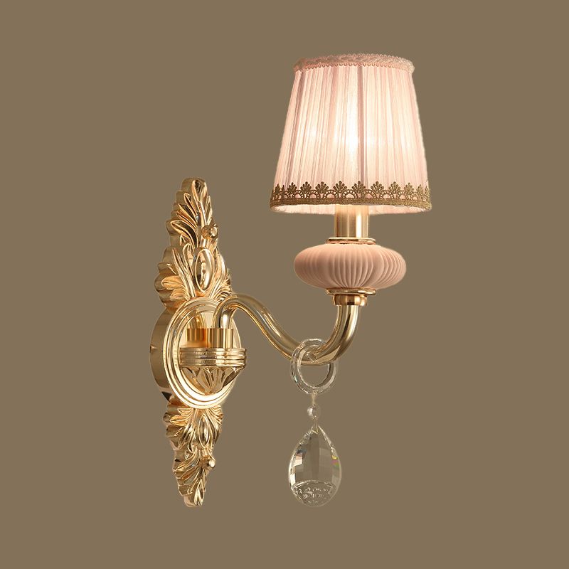 Stof roze wandlichtkegel 1/2-bulb landelijke wandwandverlichtingsarmatuur met heldere kristalval