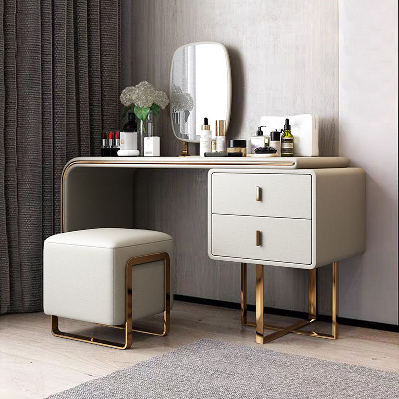 Glam Vanity Table and Stool Set 2-Drawer Faux Leather Vanity Dressing Table