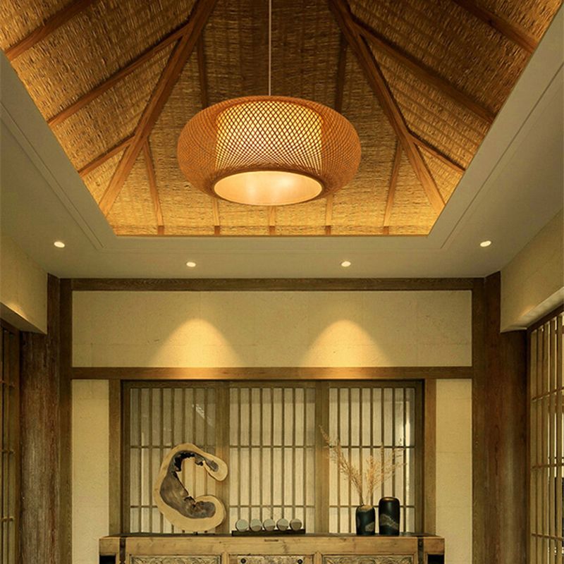Chinese Drum Pendant Lighting Fixtures Rattan Hanging Light with Hanging Cord for Restaurant