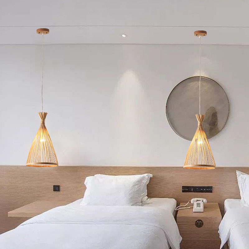 Conical Pendant Lighting Fixture Contemporary Style Bamboo Beige Hanging Ceiling Light