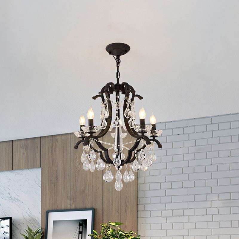 Metallic Black Pendant Chandelier Scroll Arm 5/6-Head Traditional Hanging Ceiling Light with Crystal Drop