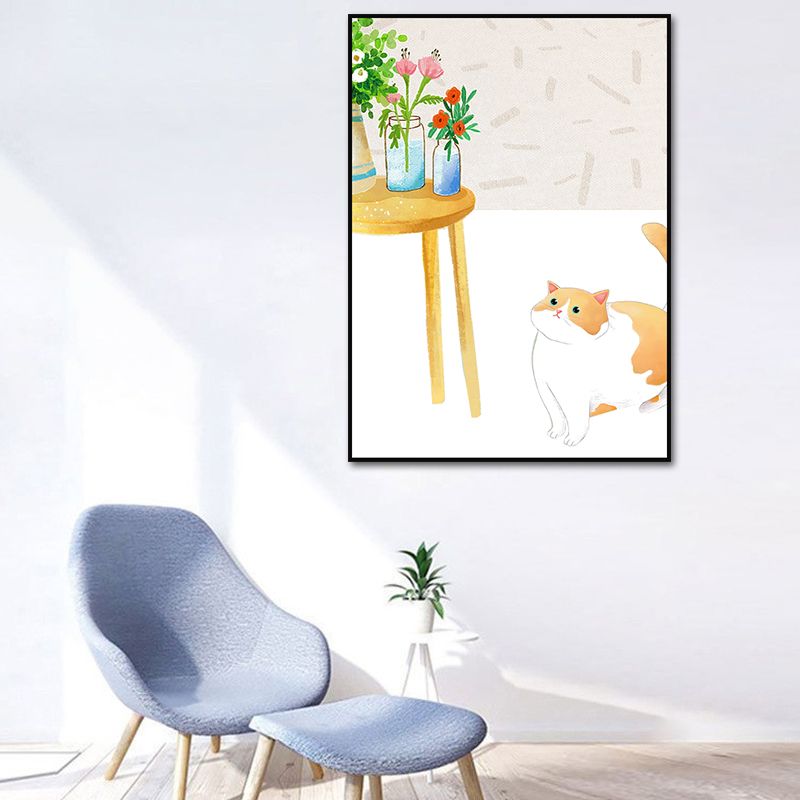 Cartoon Wall Art Kids Chubby Cats Leisure Life Canvas Print in Light Color