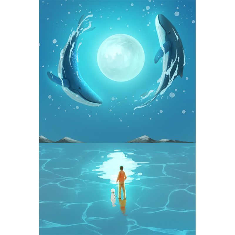 Custom Illustration Kids Wall Mural with Whale Dance Around Moon Pattern in Blue