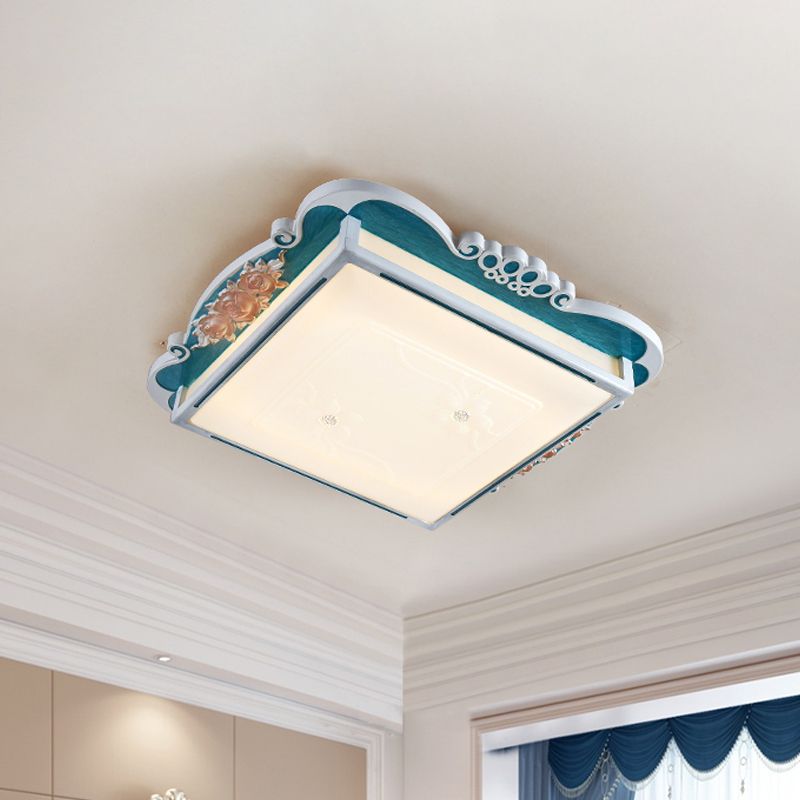 Acrylic Square Design Flush Mount Traditional Style LED Bedroom Light Fixture Ceiling with Carved Flower in Brown/Blue