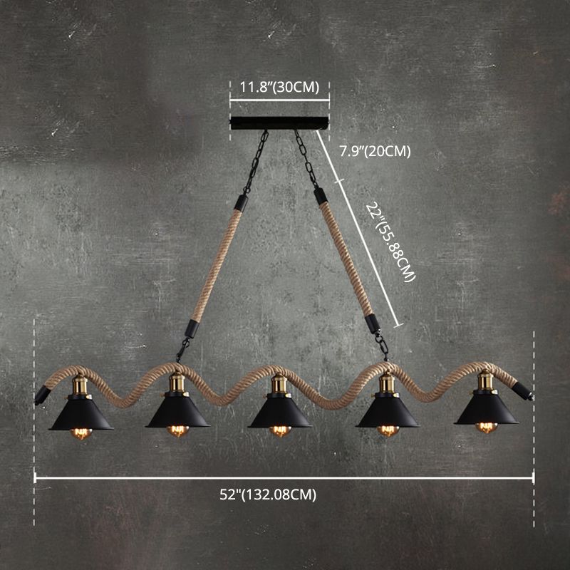 Luce a sospensione per interni neri in stile industriale con soffitto in ferro battuto con corda di canapa