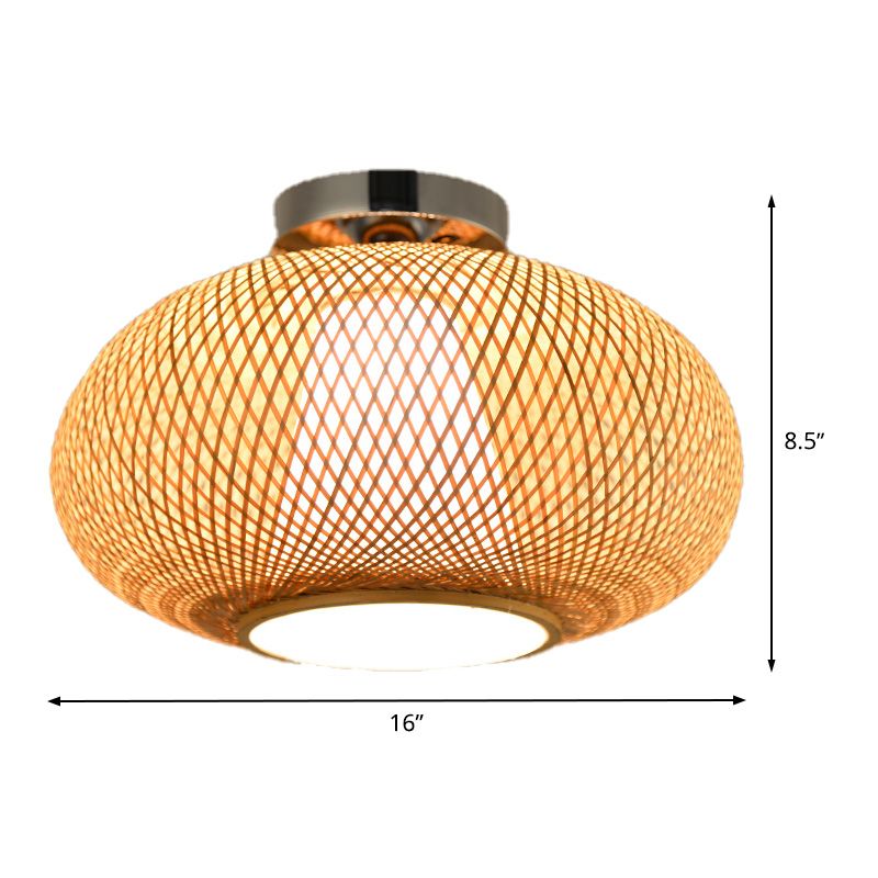 Flaxen Lantern Semi Flush Mount Chinese 1 Head Bamboo Ceiling Mounted Light for Dining Room