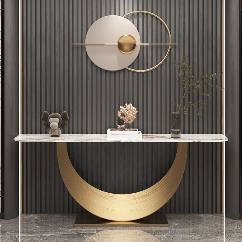 Glam Stone Console Table 16" W Half Moon Stain Resistant Accent Table for Hall