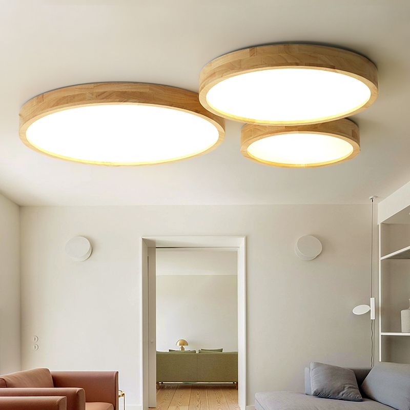 Plafonnier LED circulaire couleur rondin, plafonnier en bois de Style concis moderne avec abat-jour en acrylique