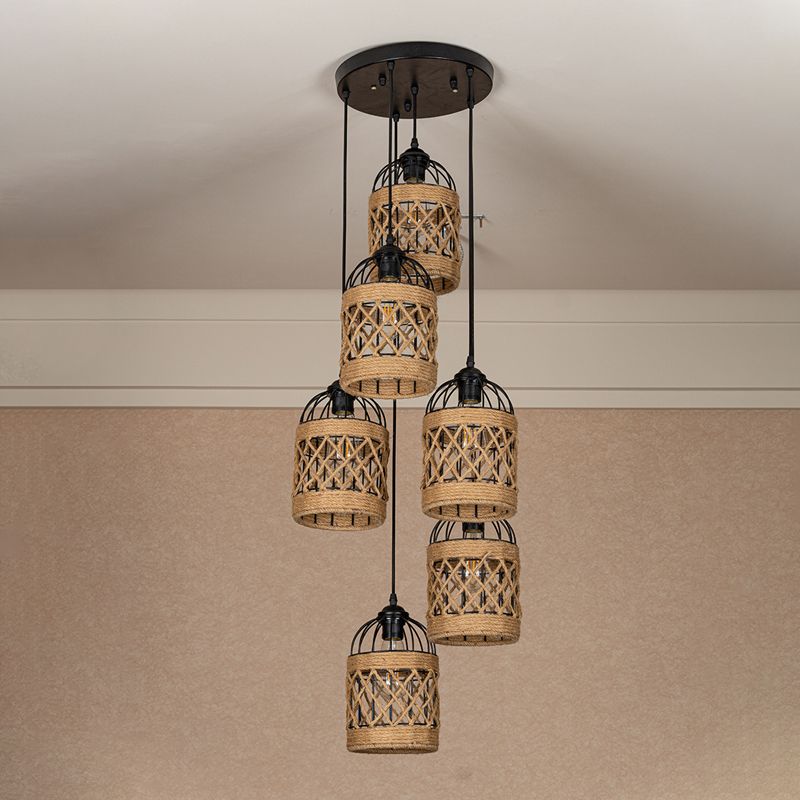3/6 Heads Cluster Pendant Light Lodge Birdcage Criss-Cross Woven Rope Hanging Light Kit in Brown, Round/Linear Canopy