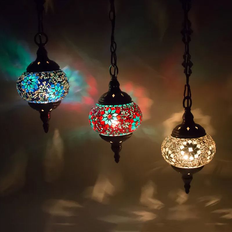 3 Heads Stained Art Glass Suspension Lamp Vintage Red/Yellow/Green Oval Bedroom Cluster Pendant