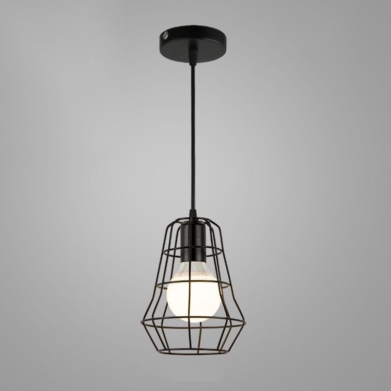 Industrial Cage Pendant Lighting 1-Light Metal Drop Lamp in Black for Restaurant