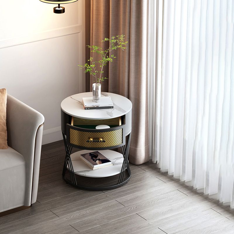 Round Side Table with 1 Drawer Metal Frame Side End Snack Table