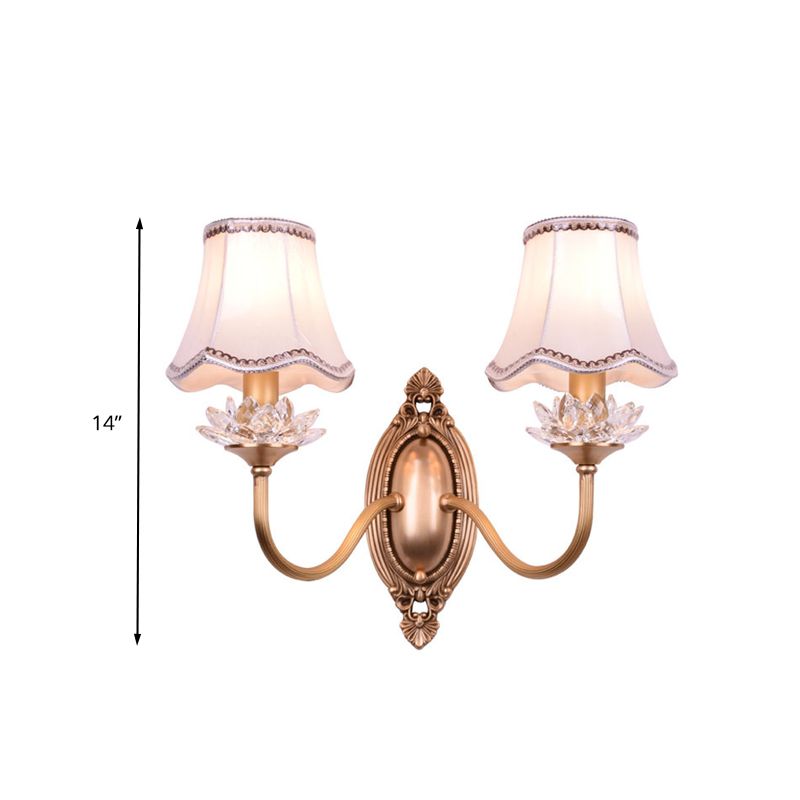 2 Heads Crystal Wall Lamp Traditional Brass Scalloped Living Room LED Wall Sconce Light