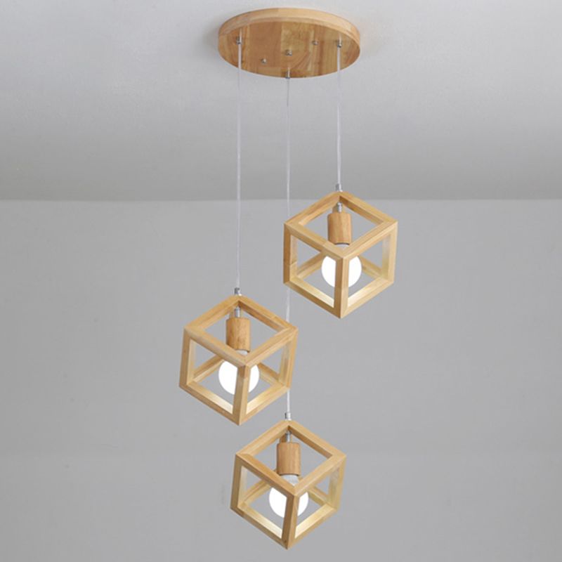 Geometric Dining Room Pendant Light Fixture Wooden Minimalist Hanging Lamp in Beige