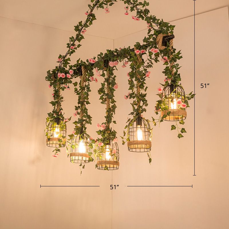 Farmhouse Shaded Pendant Lamp Metallic Hanging Island Light with Faux Plant in Green