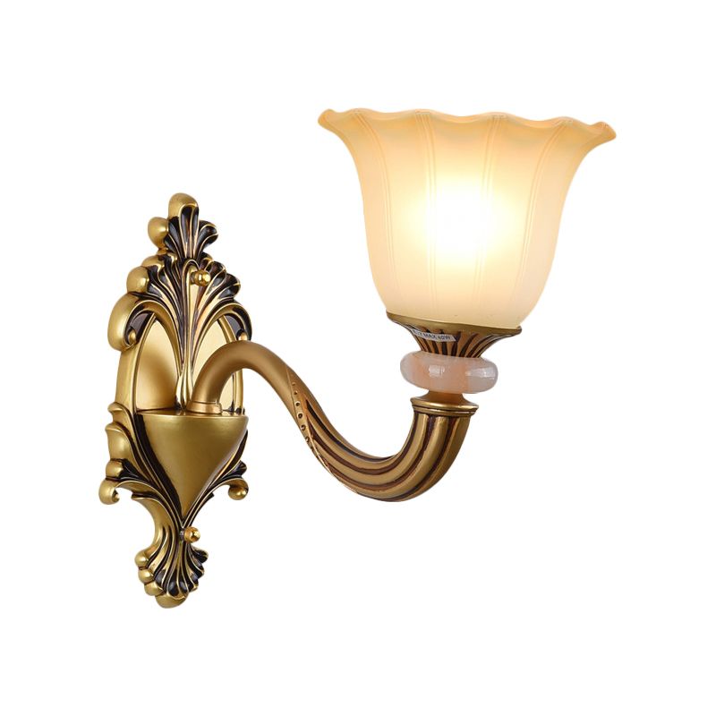1/2-Head Wall Light Sconce Traditional Flower-Shape Opal Glass Up Wall Mount Lamp Fixture in Brass