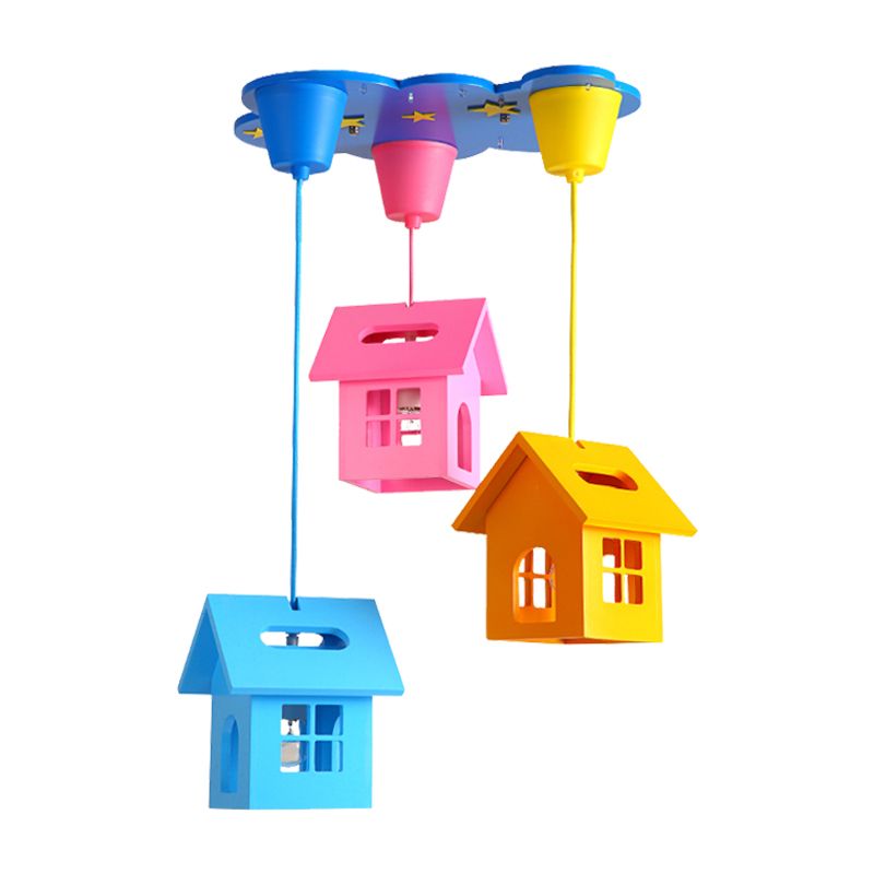 Houselet Playing Room Multi Pendant Wood 3 Bulbs Kids Style Ceiling Suspension Lamp in Blue-Pink-Yellow