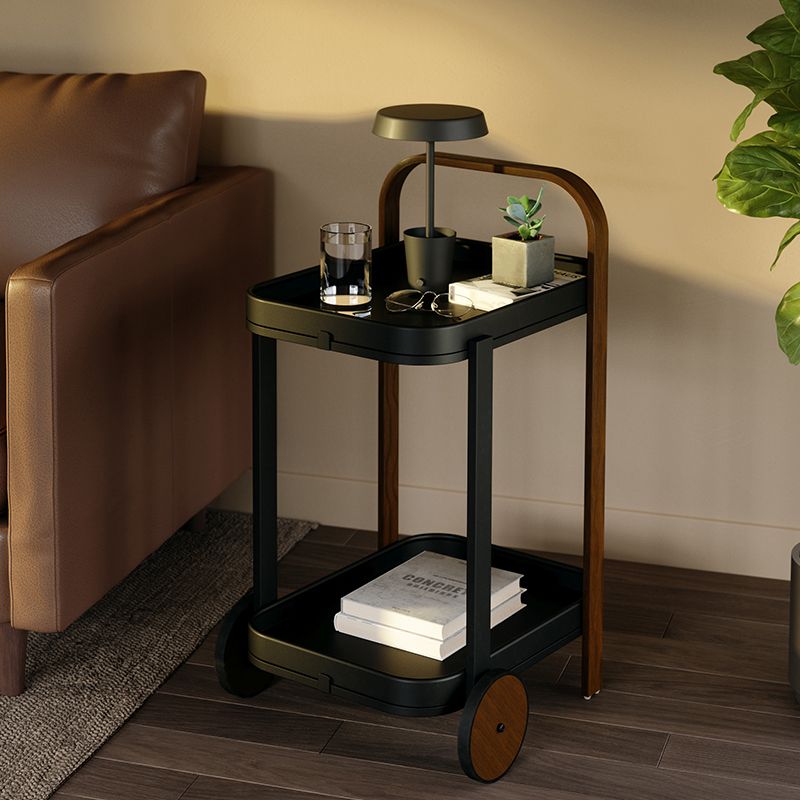 Wood Rectangle Tray Top Side Table 31.5-inch End Table with Wheel and Shelf