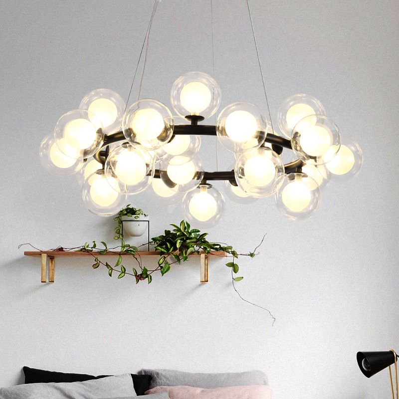 25 Bulbs Dining Room Hanging Lamp Kit Simple Chandelier Light Fixture with Round Glass Shade