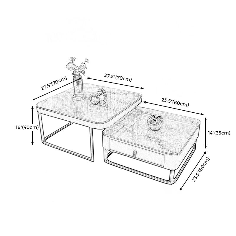 Coffee Table with a Framed Base and a Glass Top Made of Square Slate