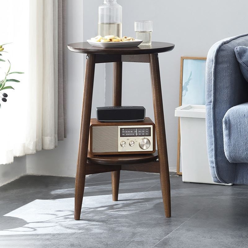 Solid Wood Round Top Side Table 23.6" Tall 3 Legs End Table with Shelf
