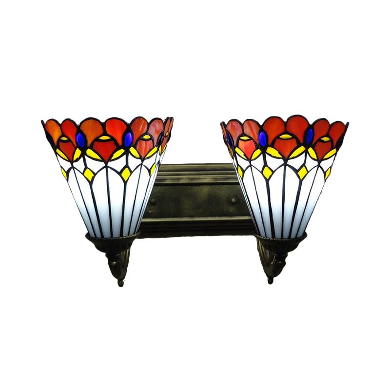 Conical Wall Sconce Light Stained Glass Tiffany Wall Lighting with Curving Arm in Red