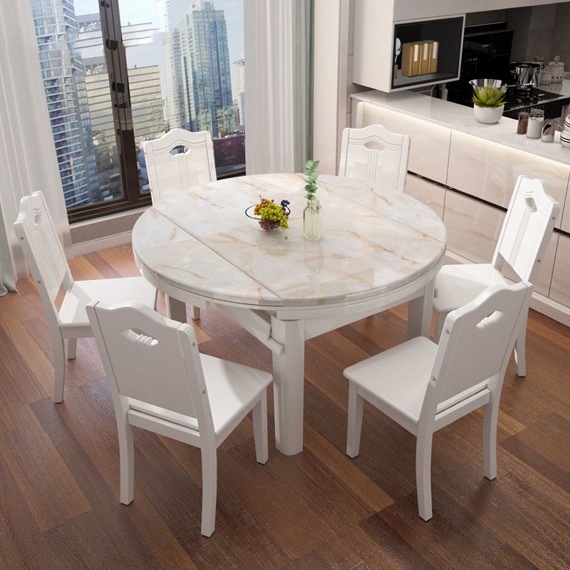 7 Piece Dining Room Chair and Table Set in White, Contemporary Style