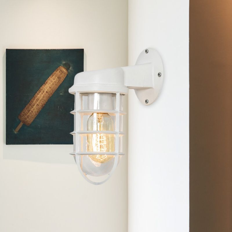 Clear Glass Black/White/Rust Sconce Light Cylinder 1-Light Traditional Wall Lamp Fixture for Porch with Caged