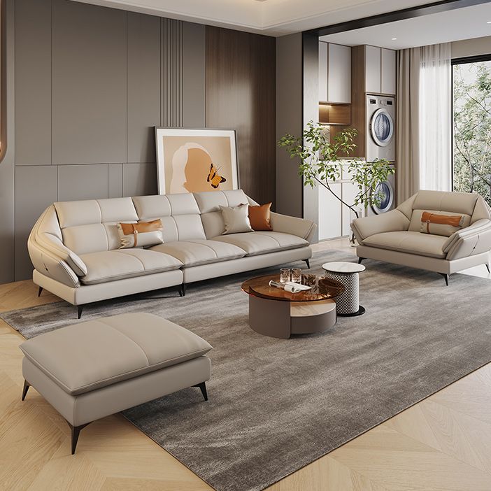 Scandinavian Sectional Sofa Pillowed Back Cushions White Leather Sectional