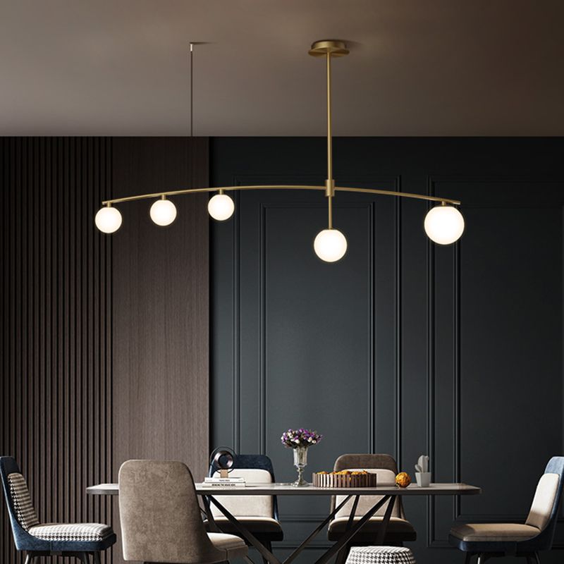 Postmodern Orb Shaped Hanging Lamp Frosted White Glass Island Pendant Light in Gold
