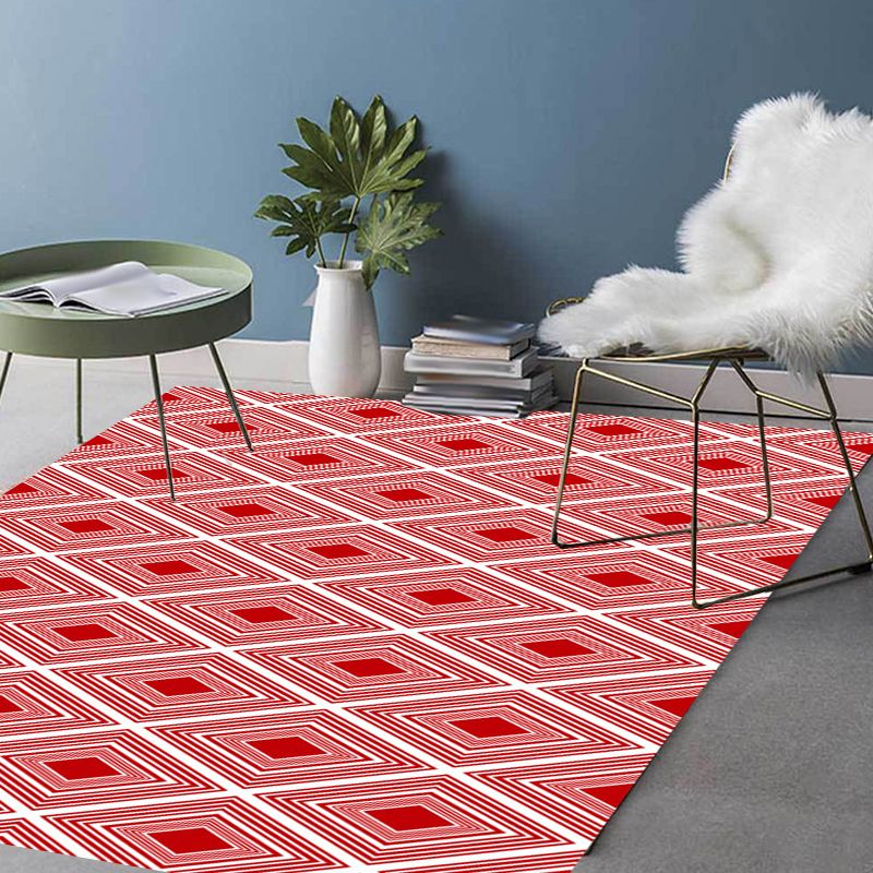 Red Bedroom Rug Modern Plaid Diamond Pattern Area Rug Polyester Washable Stain-Resistant Carpet