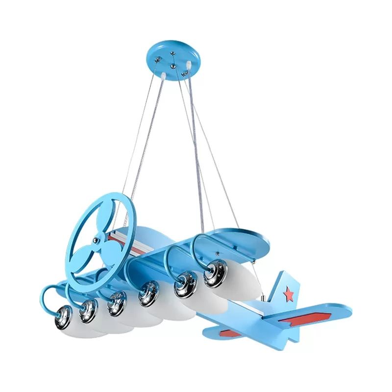 Modern Cool Propeller Airplane Chandelier 6 Lights Wood Suspension Light in Blue for Boys Bedroom