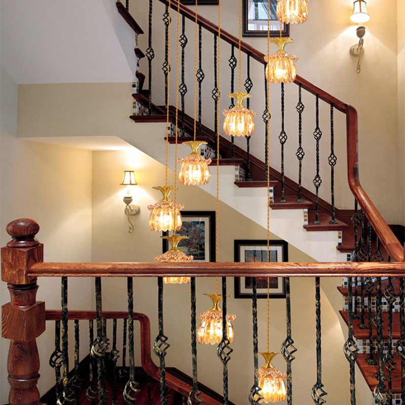 Modernist Globe/Cylinder Pendant Lamp 8-Head Tan Prismatic Glass Multi Light Chandelier in Brass