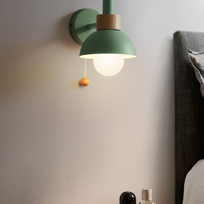 Minimalist Wall Sconce Torchlight Shaped with Pull Switch and Dome Metal Shade Indoor for Bedroom Bathroom Lighting