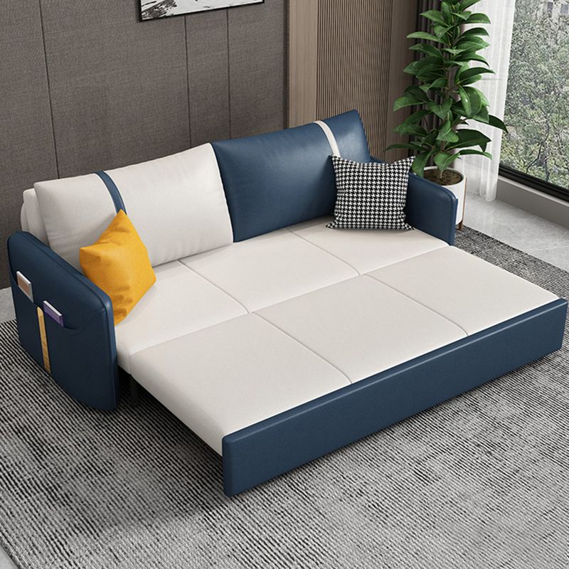 Square Arm Contemporary Convertible Faux Leather Couch Bed with 2 Pillows